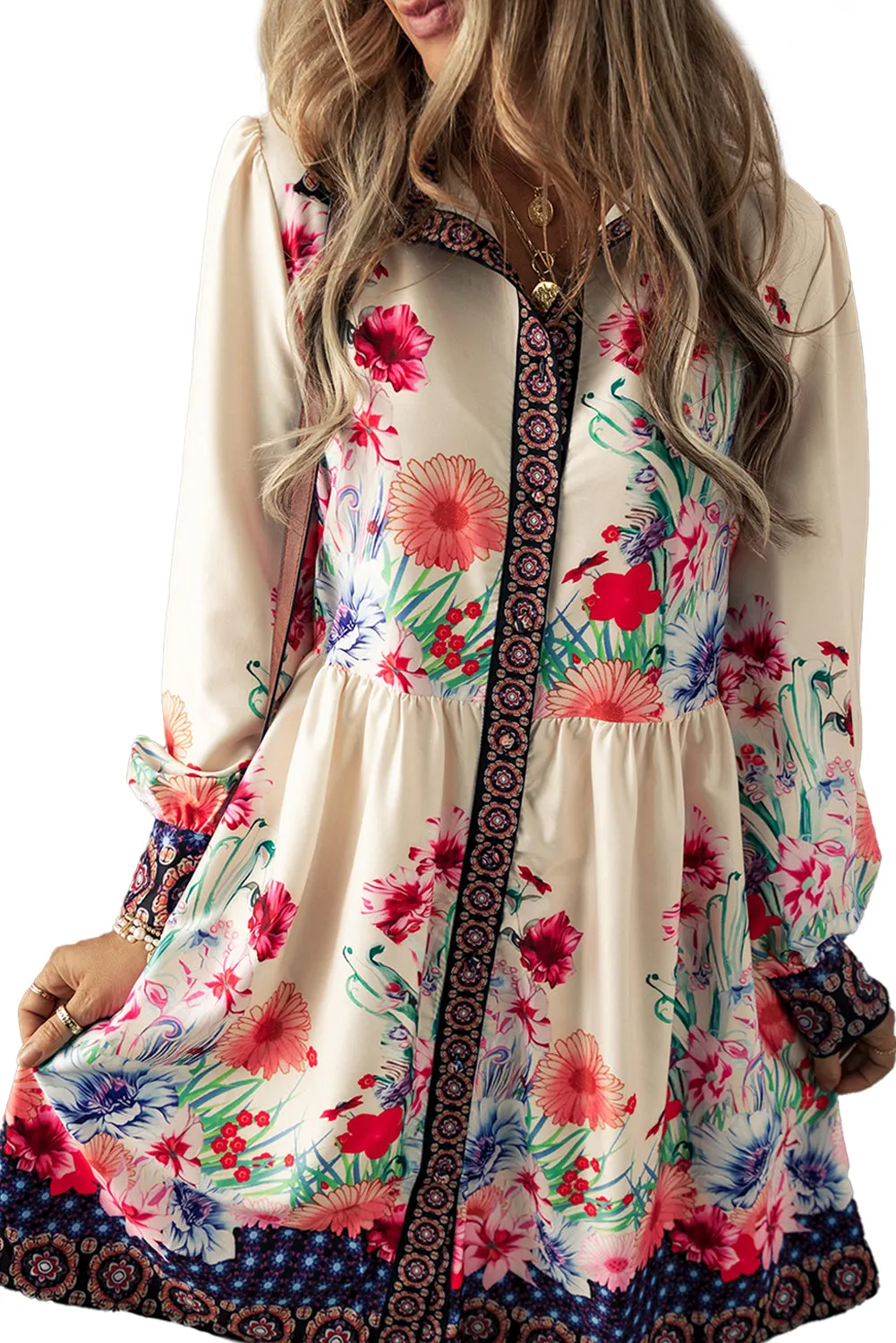 Apricot Floral Print Buttoned High Waist Shirt Mini Dress sold by Beagle Boutique product image thumbnail 4