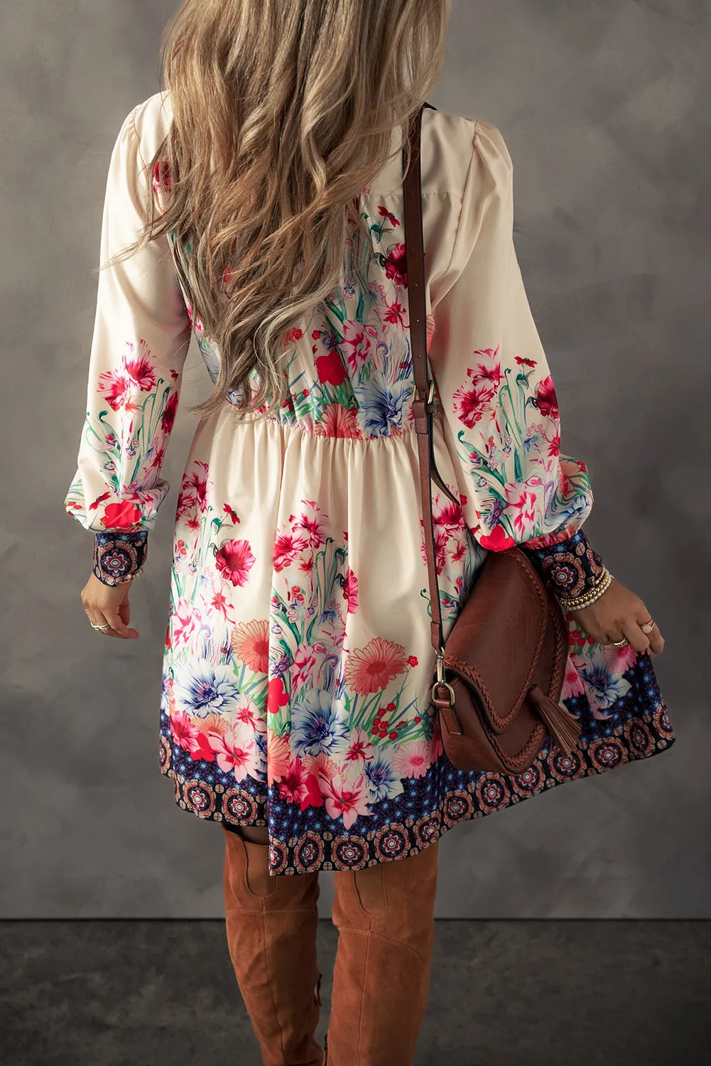 Apricot Floral Print Buttoned High Waist Shirt Mini Dress sold by Beagle Boutique product image thumbnail 2