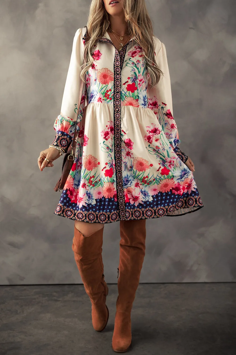 Apricot Floral Print Buttoned High Waist Shirt Mini Dress sold by Beagle Boutique product image thumbnail 3