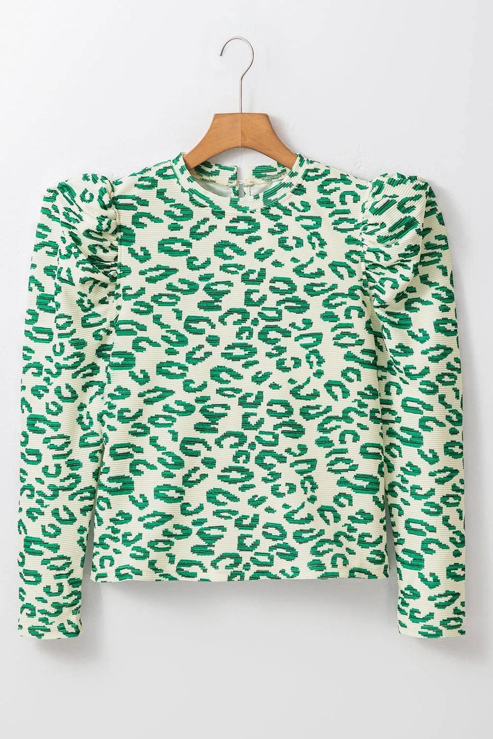 Green Leopard Print Mock Neck Puff Sleeve Top sold by Beagle Boutique