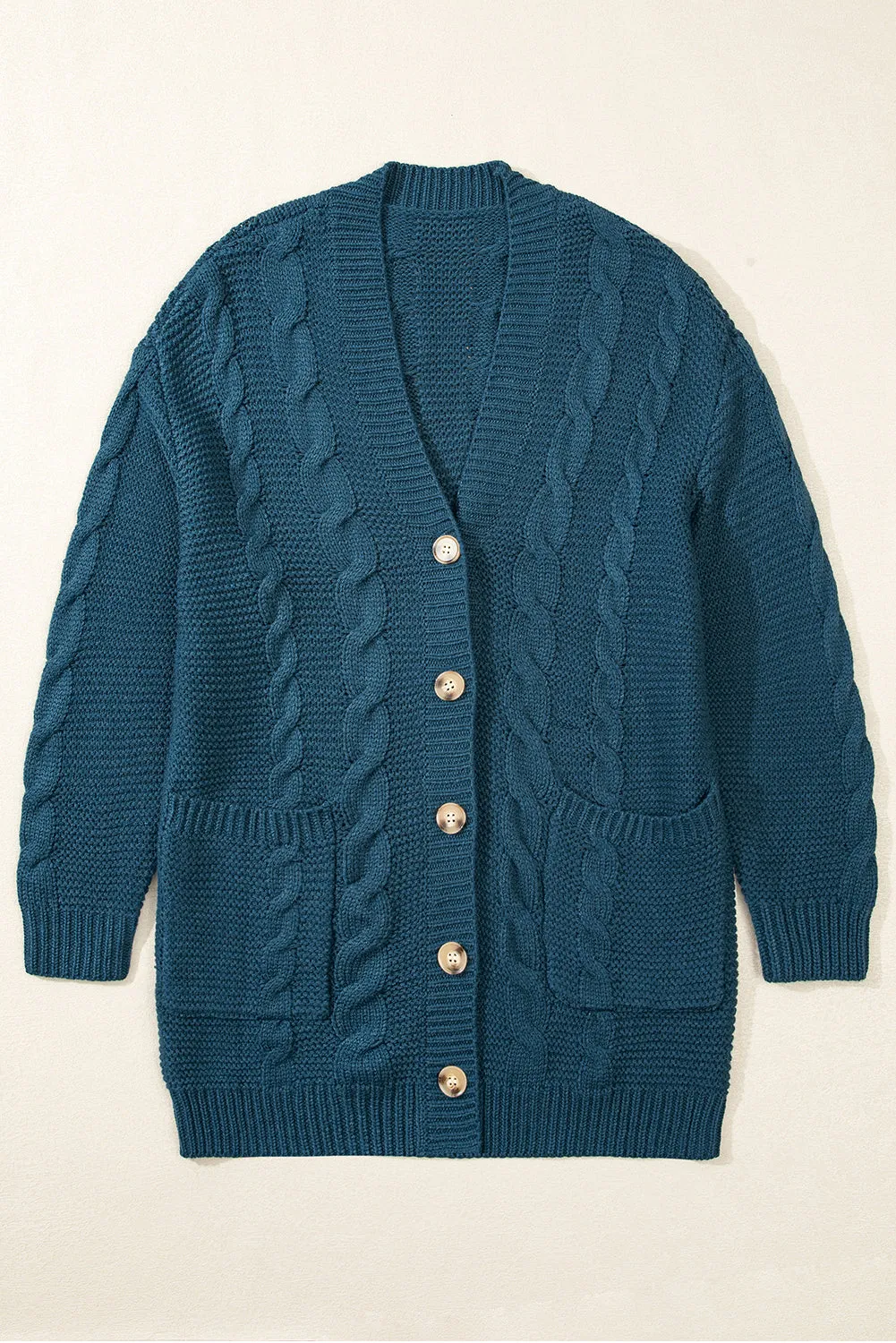 Peacock Blue Cable Knit Button Front Pocketed Baggy Cardigan sold by Beagle Boutique product image thumbnail 3