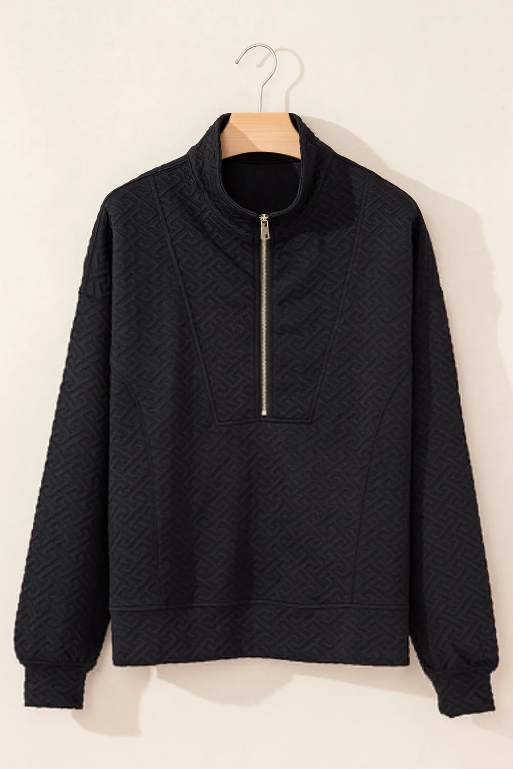 Black Solid Textured Half Zipper Collared Sweatshirt sold by Beagle Boutique