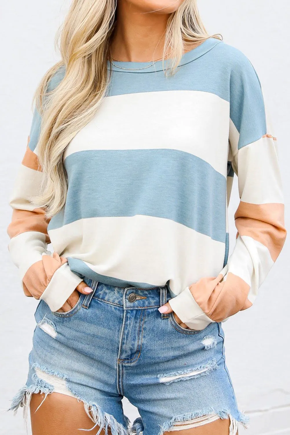 Light Blue Colorblock Striped Drop Shoulder Long Sleeve Top sold by Beagle Boutique