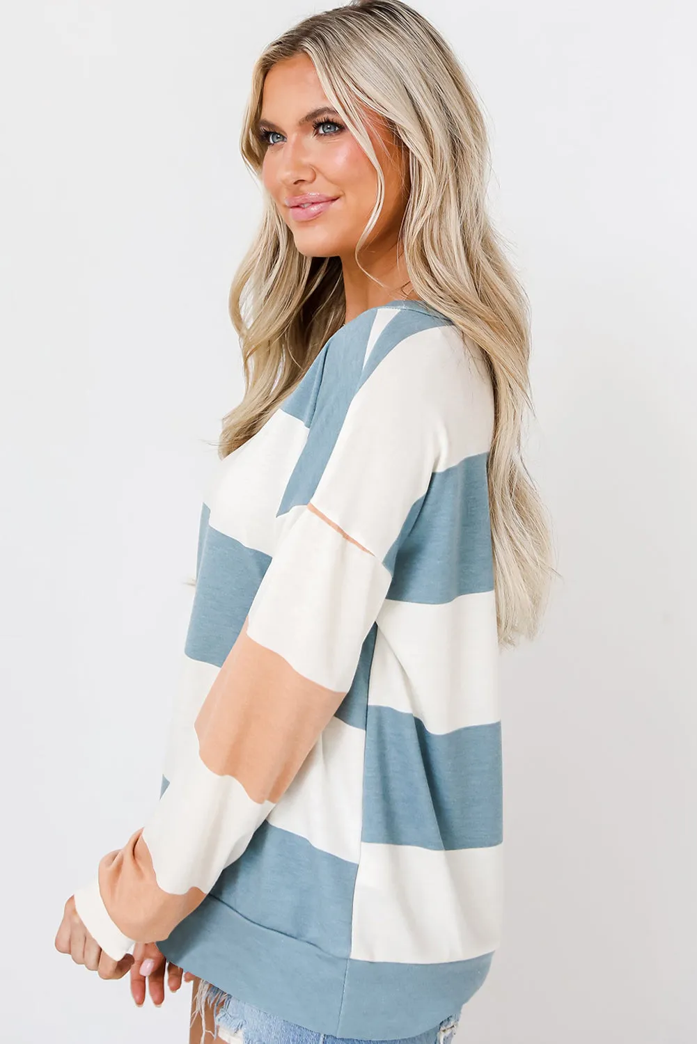 Light Blue Colorblock Striped Drop Shoulder Long Sleeve Top sold by Beagle Boutique product image thumbnail 2