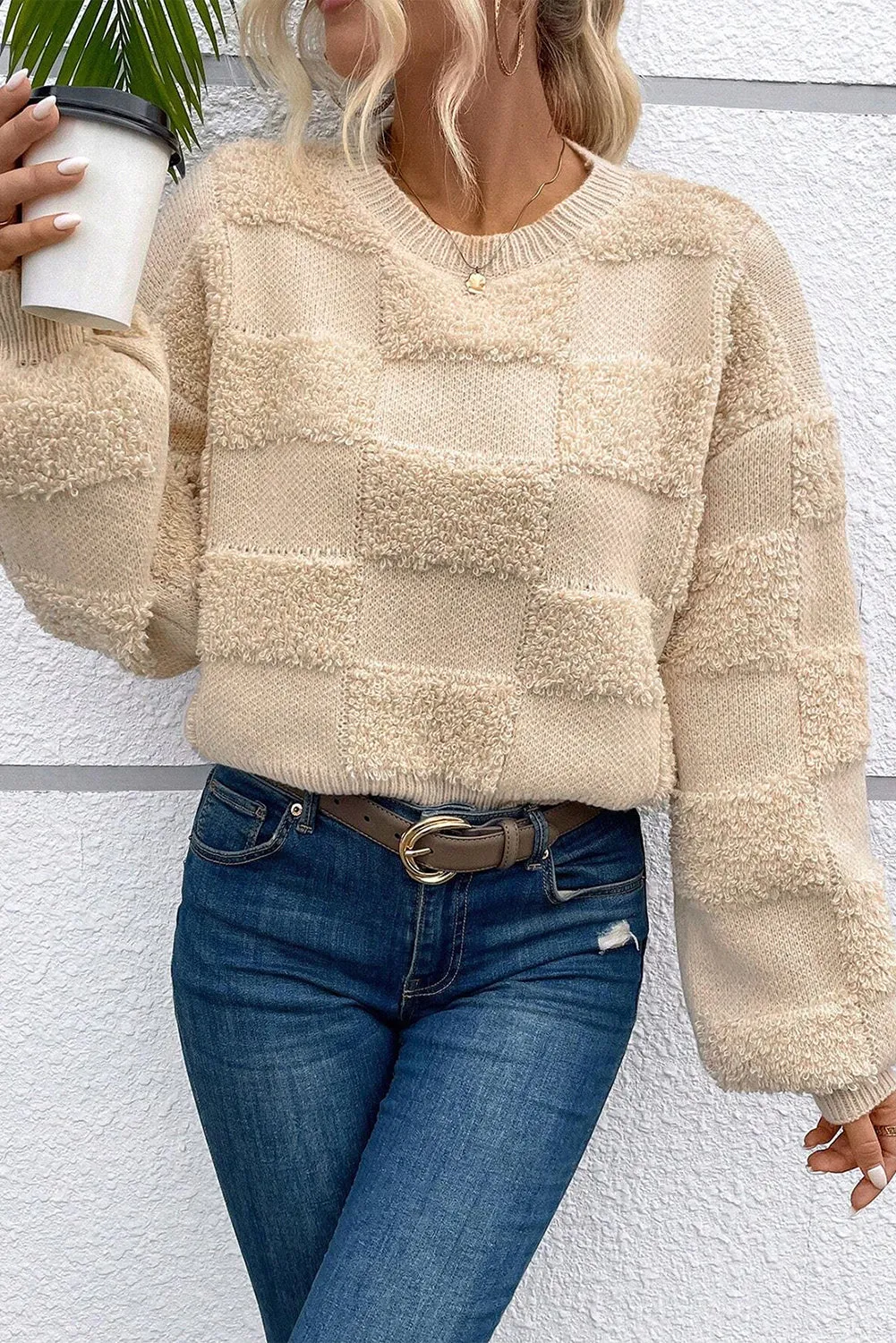 Parchment Checkered Sherpa Crew Neck Loose Sweater sold by Beagle Boutique product image thumbnail 4