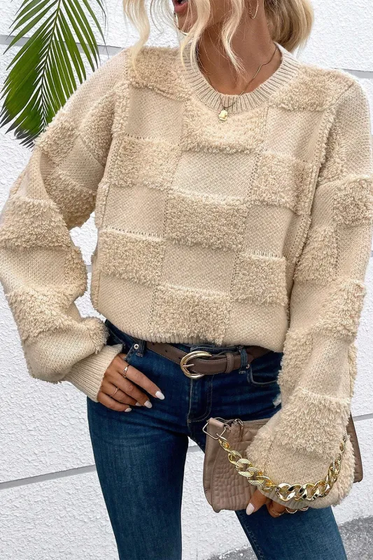 Parchment Checkered Sherpa Crew Neck Loose Sweater sold by Beagle Boutique