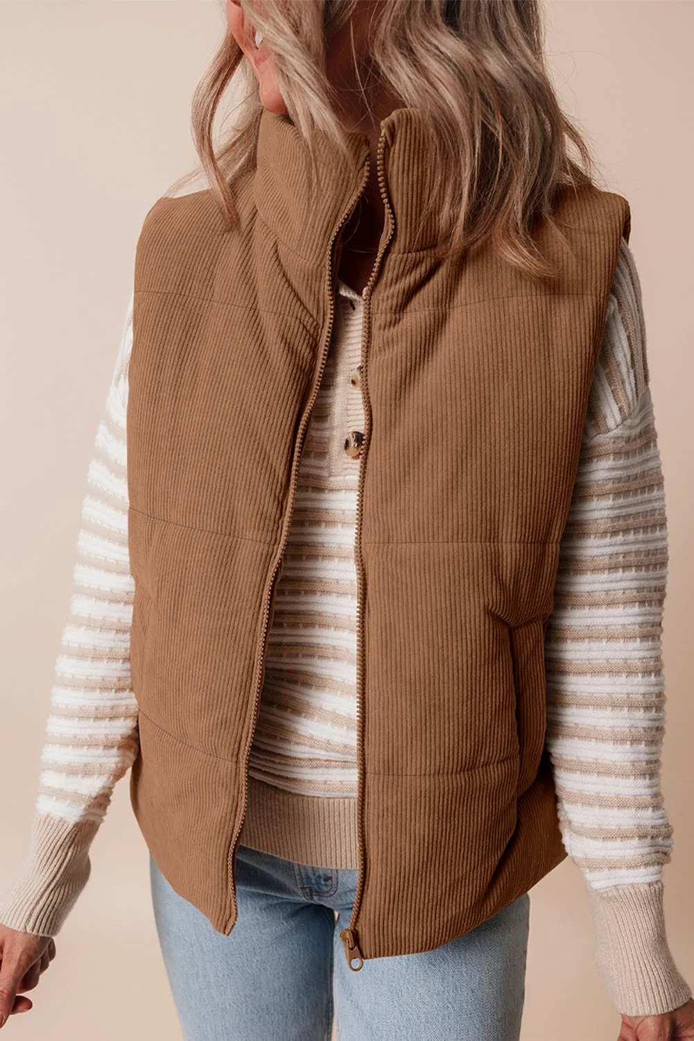 Soft Corduroy Stand Neck Zipped Puffer Vest sold by Beagle Boutique product image thumbnail 3