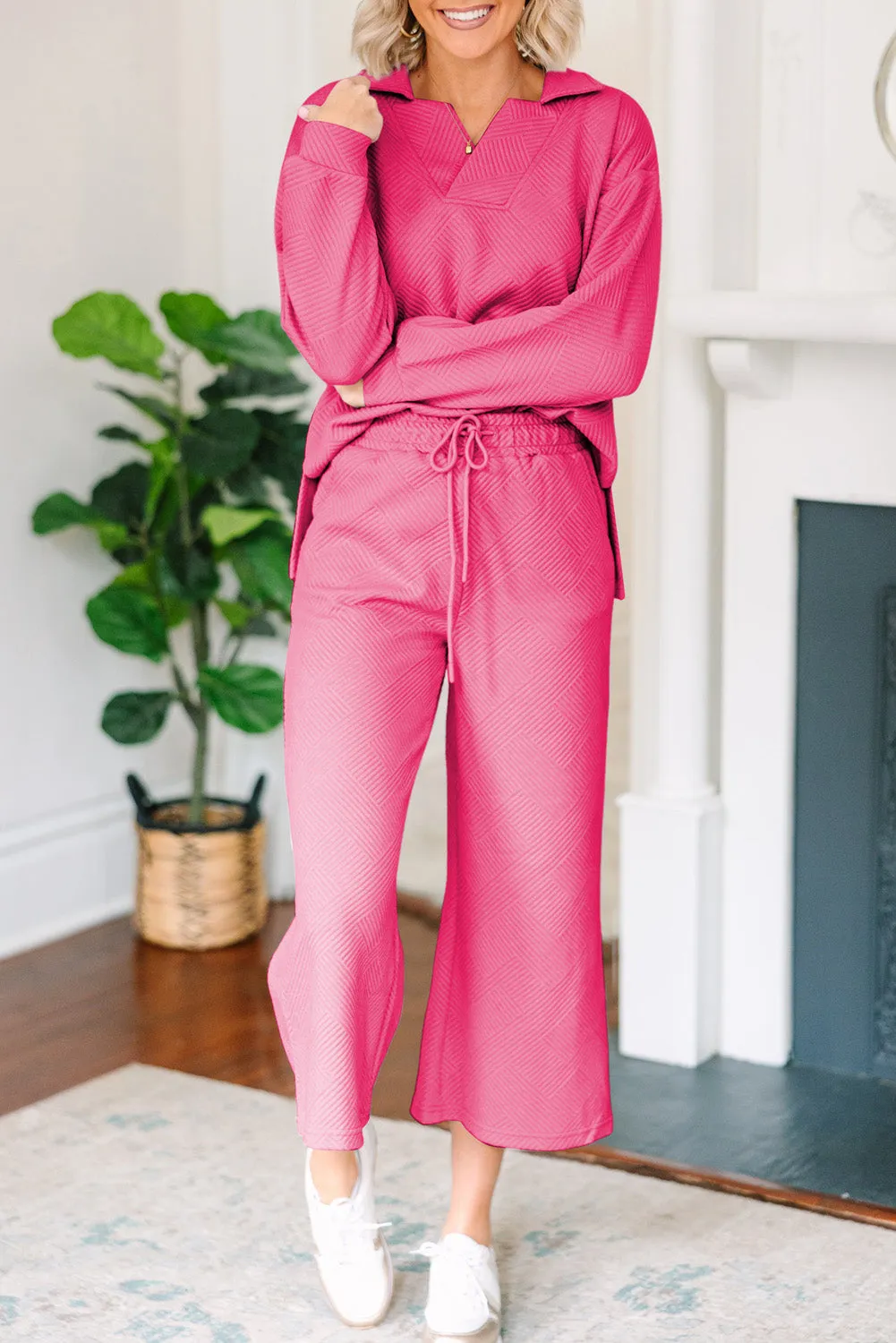 Bonbon Solid Textured Collared V Neck Top and Wide Leg Pants Set sold by Beagle Boutique product image thumbnail 4