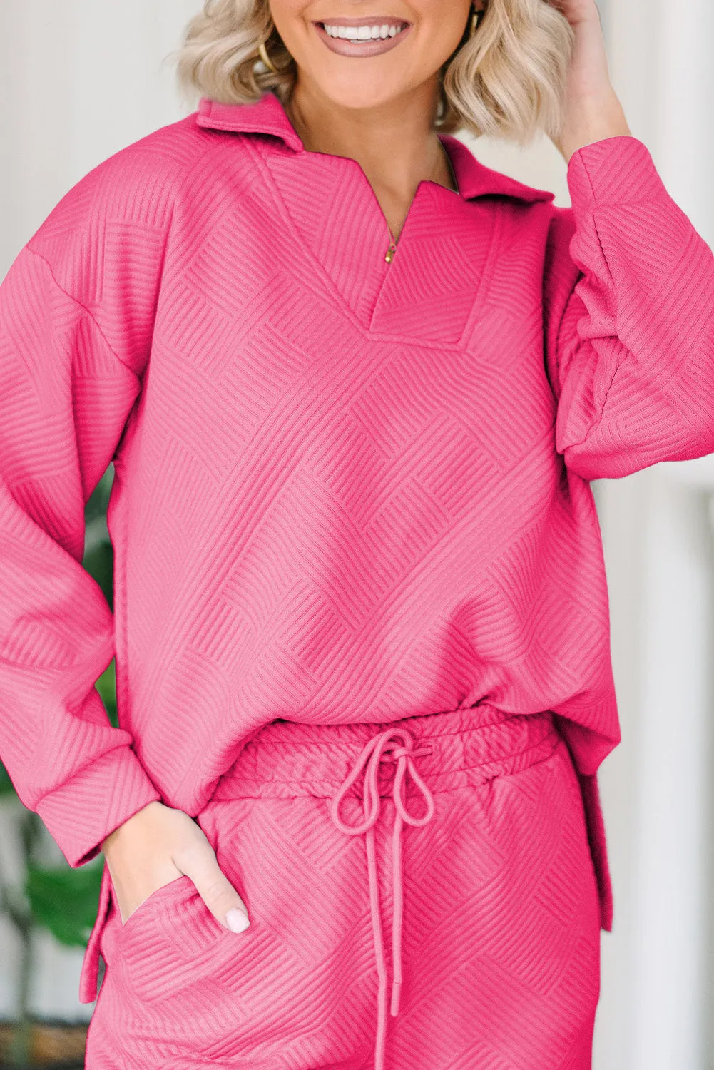 Bonbon Solid Textured Collared V Neck Top and Wide Leg Pants Set sold by Beagle Boutique product image thumbnail 3