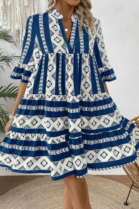 Blue Geometric Print V Neck Ruffled Dress sold by Beagle Boutique
