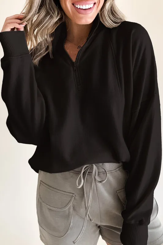 Black Zipped Neck Pullover Drop Shoulder Sweatshirt sold by Beagle Boutique