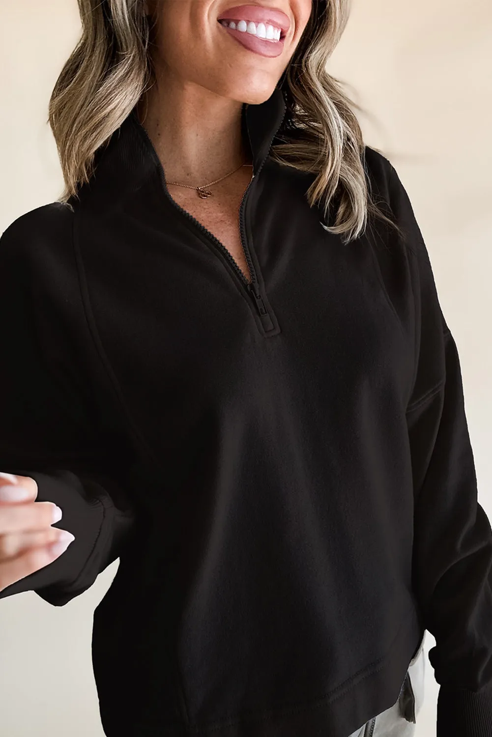 Black Zipped Neck Pullover Drop Shoulder Sweatshirt sold by Beagle Boutique product image thumbnail 3