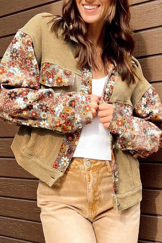 Khaki Waffle Knit Floral Print Patchwork Button up Jacket sold by Beagle Boutique