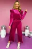 Rose Red Solid Velvet Ruffled Two Piece Trousers Set sold by Beagle Boutique
