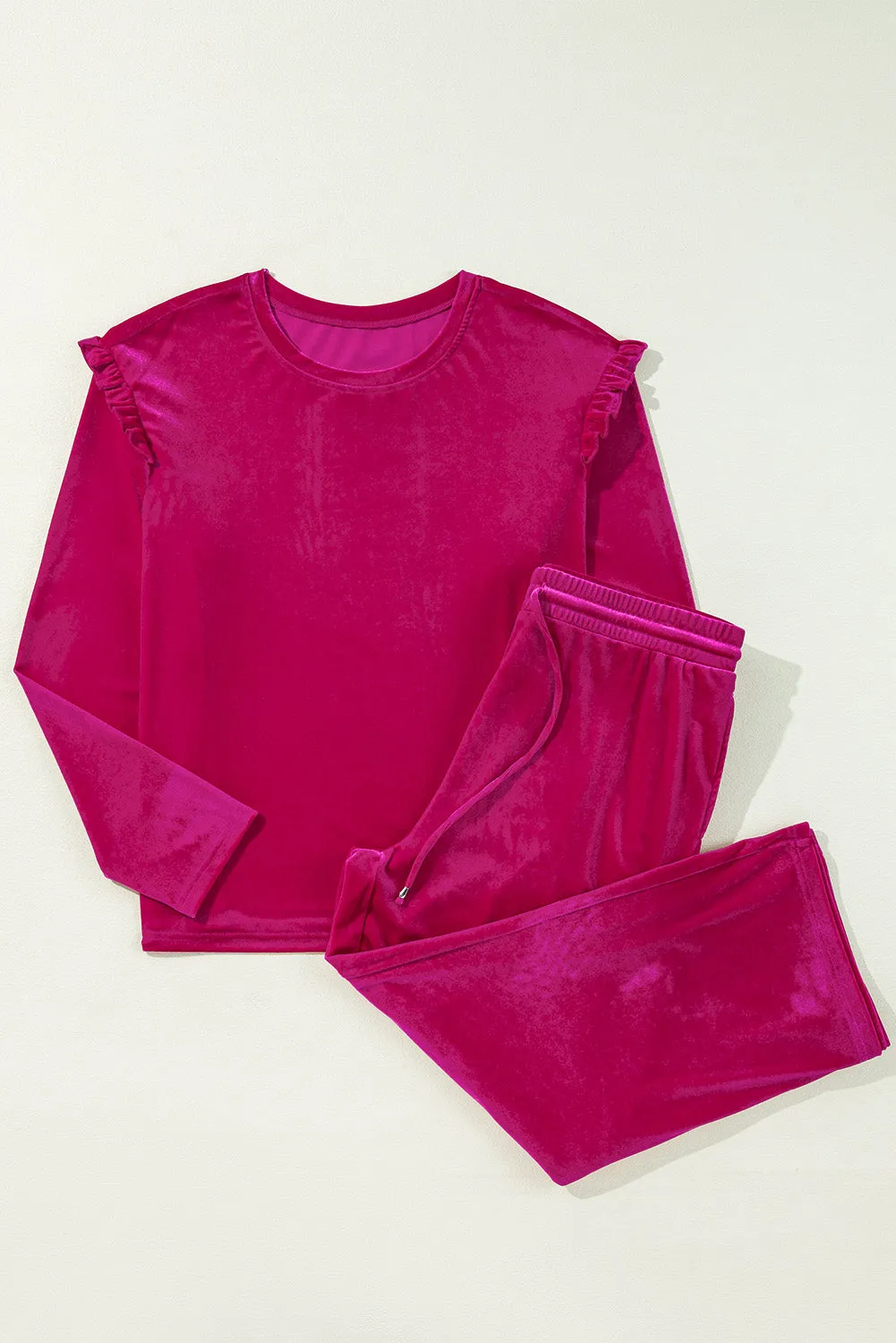 Rose Red Solid Velvet Ruffled Two Piece Pants Set sold by Beagle Boutique product image thumbnail 5
