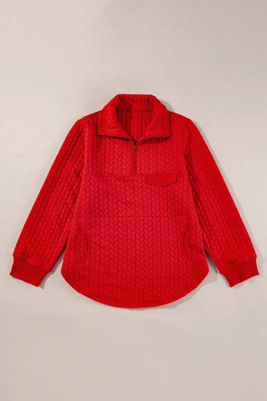 Tomato Red Cable Textured Quarter Zip Pocketed Plus Size Pullover sold by Beagle Boutique