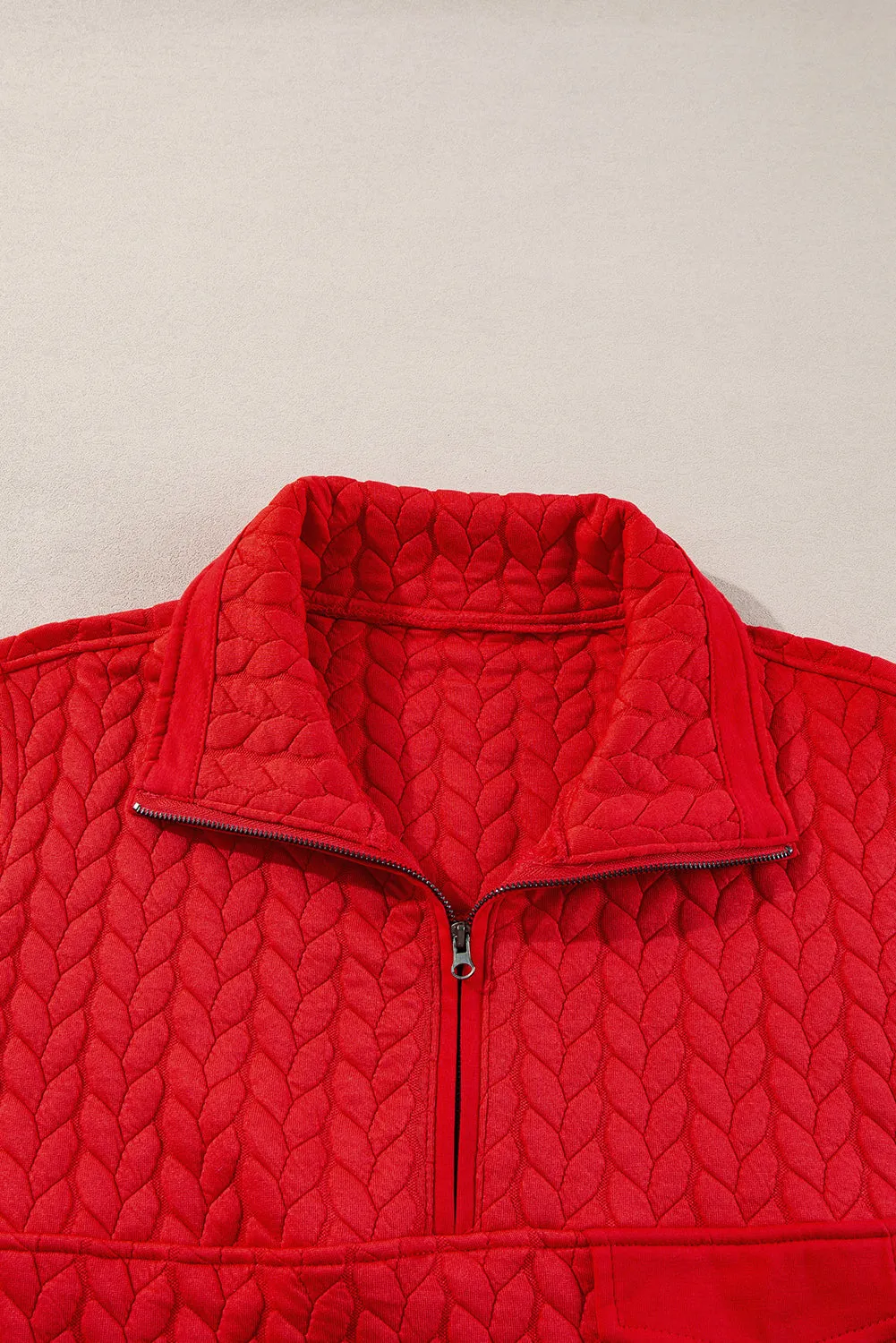 Tomato Red Cable Textured Quarter Zip Pocketed Plus Size Pullover sold by Beagle Boutique product image thumbnail 3