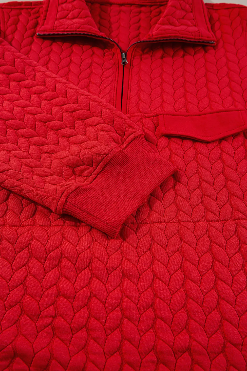 Tomato Red Cable Textured Quarter Zip Pocketed Plus Size Pullover sold by Beagle Boutique product image thumbnail 5