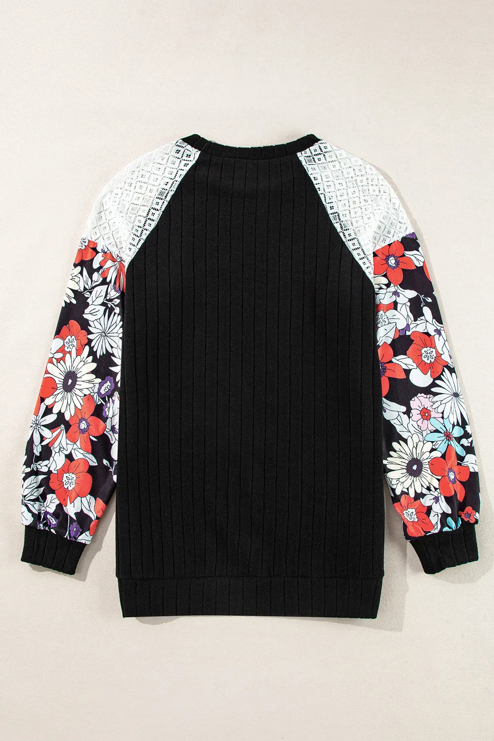 Black Floral Patchwork Long Sleeve Ribbed Blouse sold by Beagle Boutique product image thumbnail 4