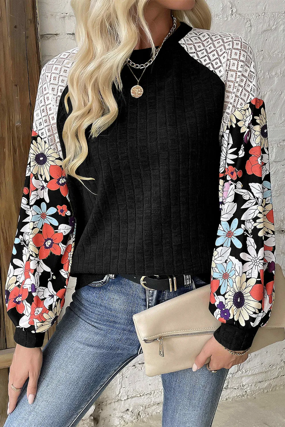 Black Floral Patchwork Long Sleeve Ribbed Blouse sold by Beagle Boutique