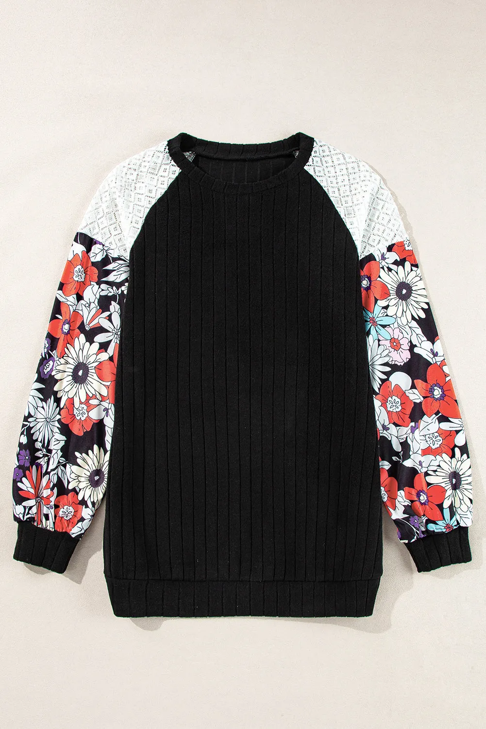 Black Floral Patchwork Long Sleeve Ribbed Blouse sold by Beagle Boutique product image thumbnail 3