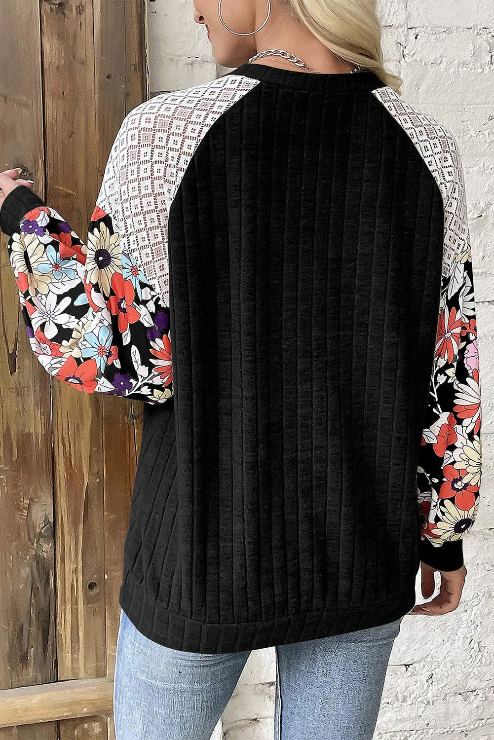 Black Floral Patchwork Long Sleeve Ribbed Blouse sold by Beagle Boutique product image thumbnail 2