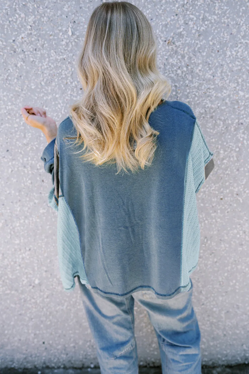 Dusk Blue Colorblock Stitching Patchwork Buttoned Long Sleeve Top sold by Beagle Boutique product image thumbnail 2