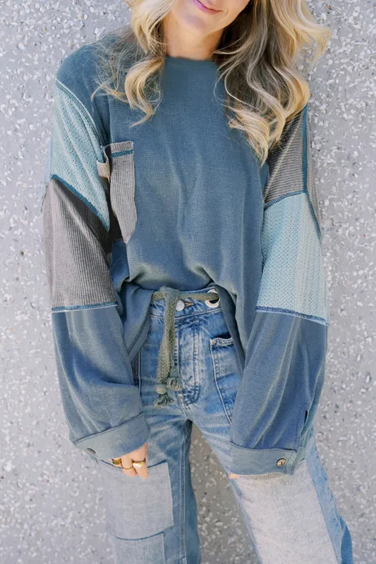 Dusk Blue Colorblock Stitching Patchwork Buttoned Long Sleeve Top sold by Beagle Boutique
