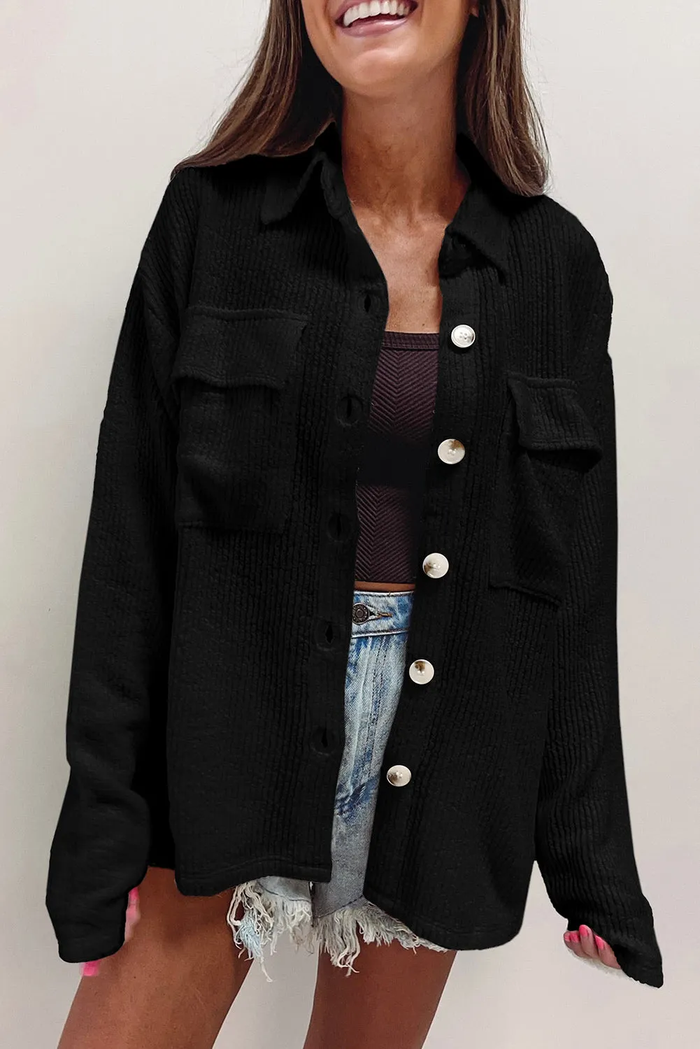 Black Solid Color Corduroy Buttoned Long Sleeve Shacket sold by Beagle Boutique product image thumbnail 3