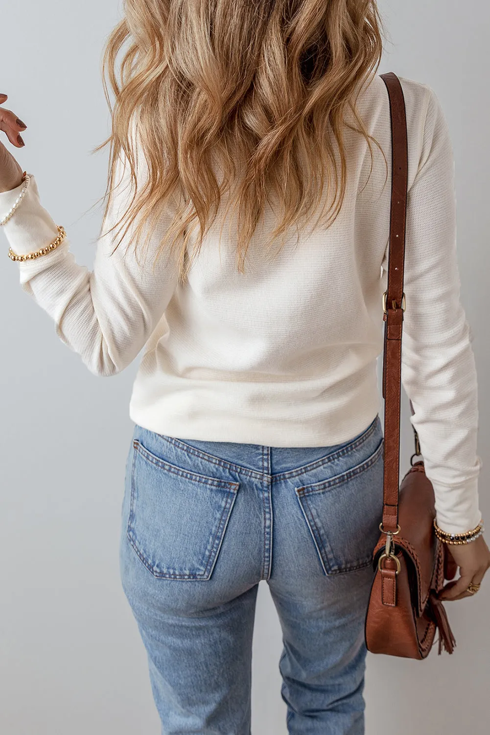 White Solid Color Waffle Half Button Long Sleeve Top sold by Beagle Boutique product image thumbnail 2