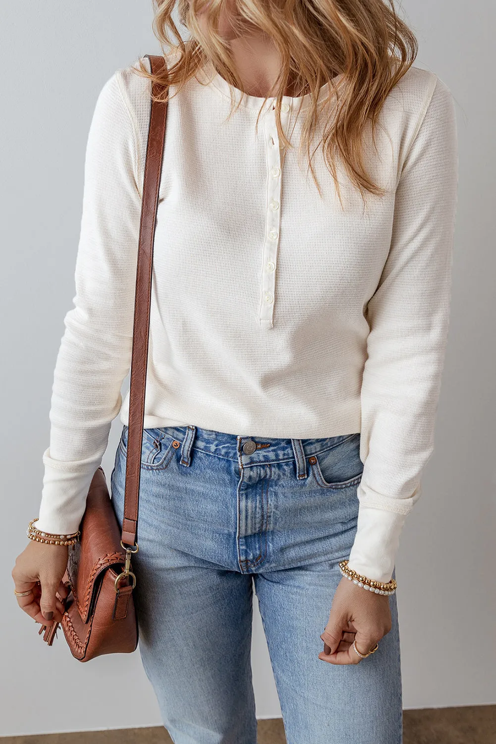 White Solid Color Waffle Half Button Long Sleeve Top sold by Beagle Boutique product image thumbnail 3