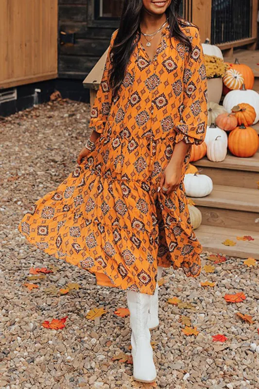 Orange Western Geometric Print Tiered Frilled Loose Fit Midi Dress sold by Beagle Boutique