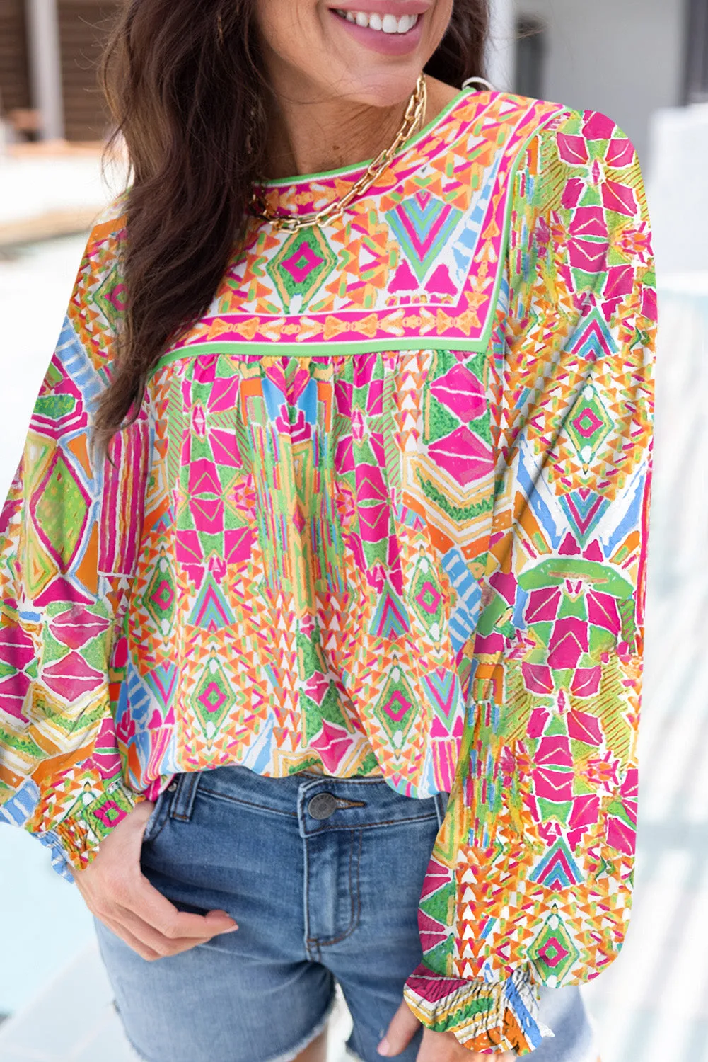 Orange Geometric Print Long Sleeve Keyhole Back Blouse sold by Beagle Boutique