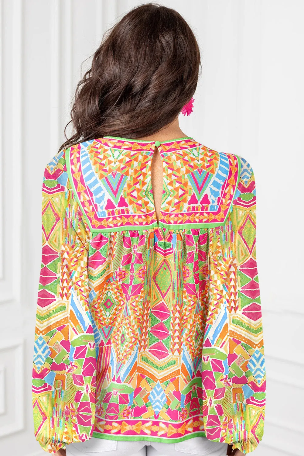 Orange Geometric Print Long Sleeve Keyhole Back Blouse sold by Beagle Boutique product image thumbnail 2