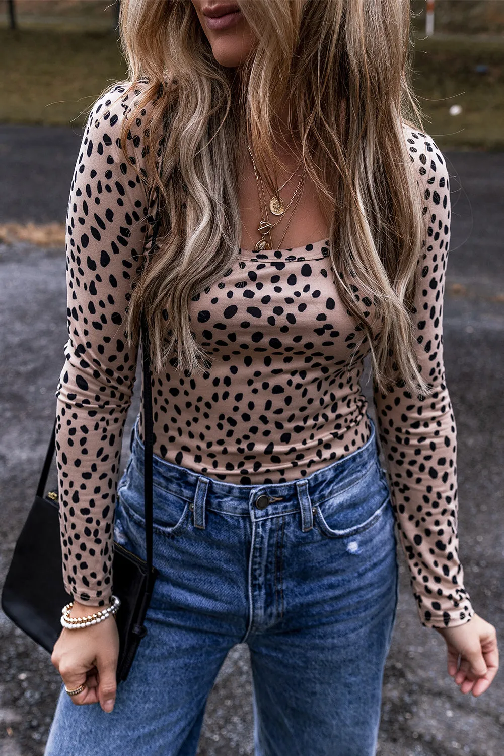 Smoke Gray Leopard Print Long Sleeve Scoop Neck Slim Fit Bodysuit sold by Beagle Boutique product image thumbnail 4