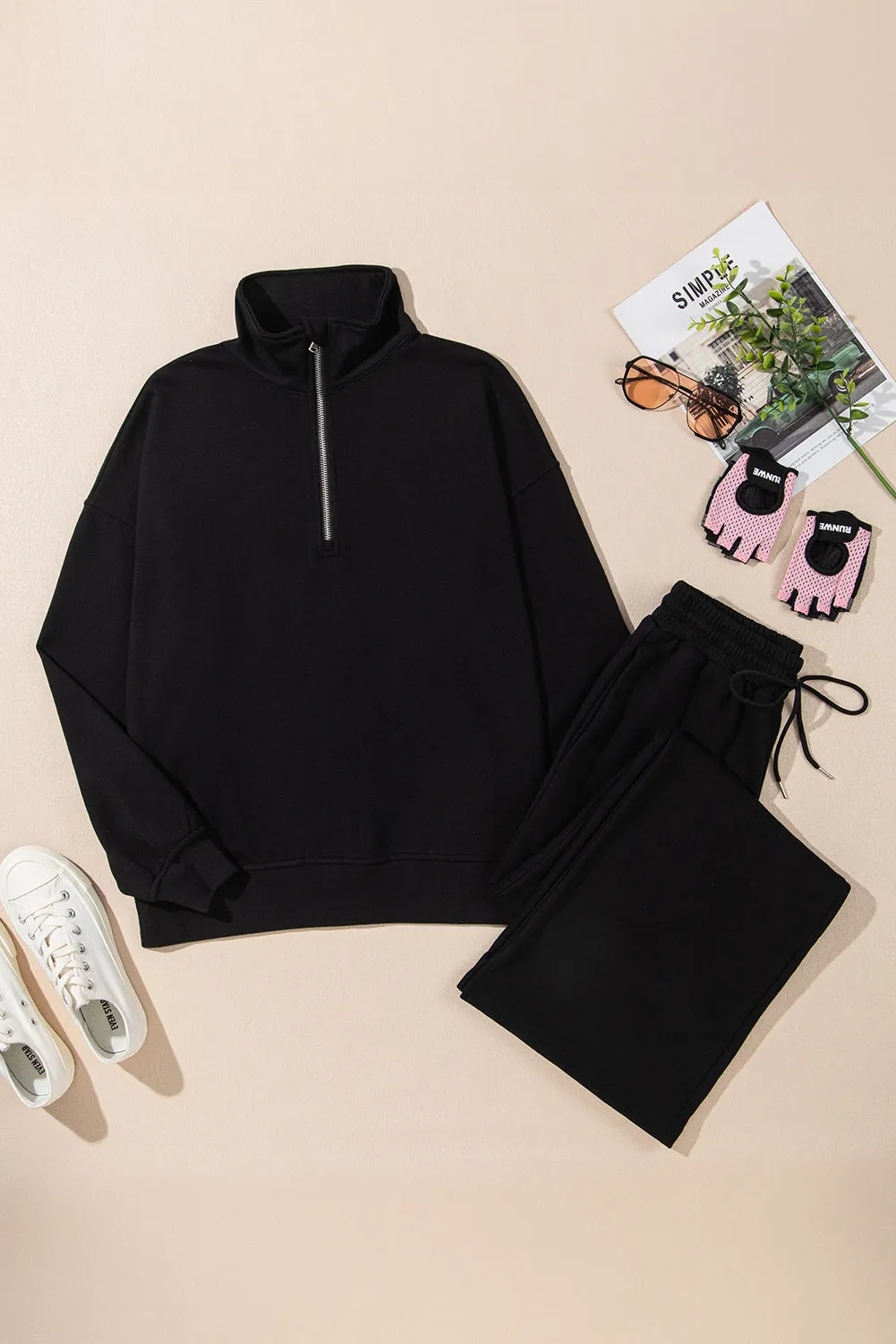 Black Zipper Stand Neck Top and Wide Leg Pants Set sold by Beagle Boutique product image thumbnail 5