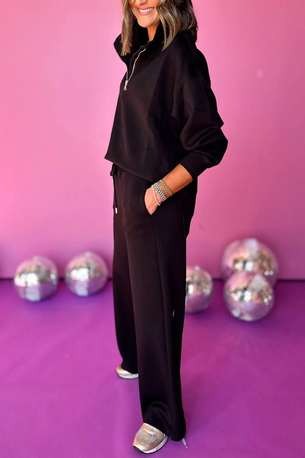 Black Zipper Stand Neck Top and Wide Leg Pants Set sold by Beagle Boutique product image thumbnail 2