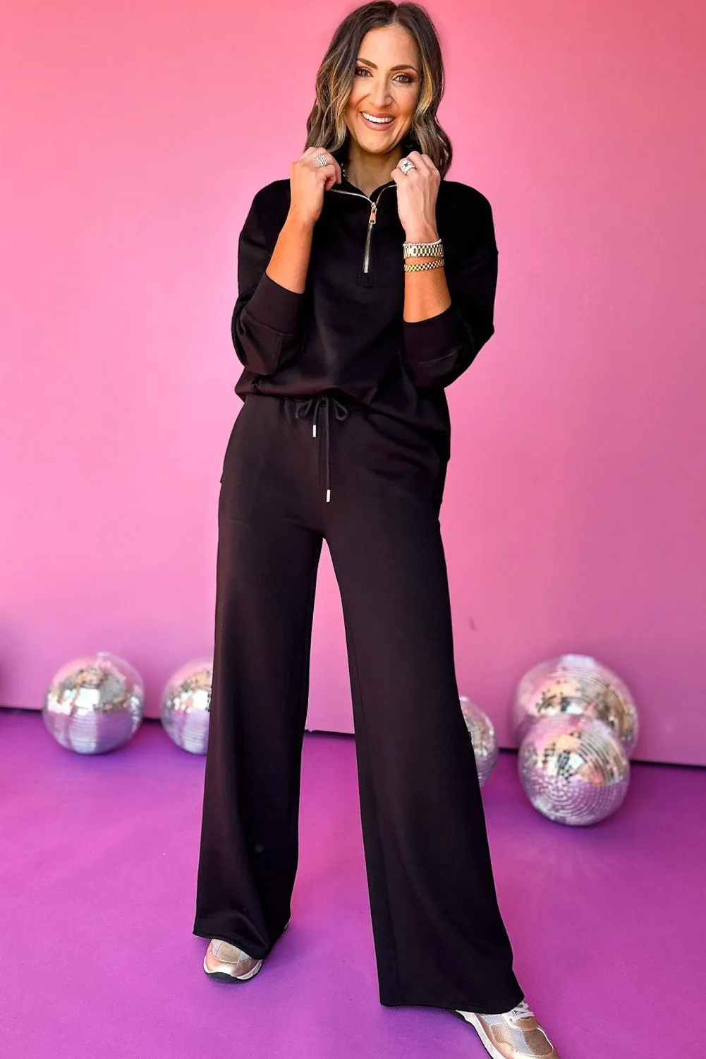 Black Zipper Stand Neck Top and Wide Leg Pants Set sold by Beagle Boutique product image thumbnail 4
