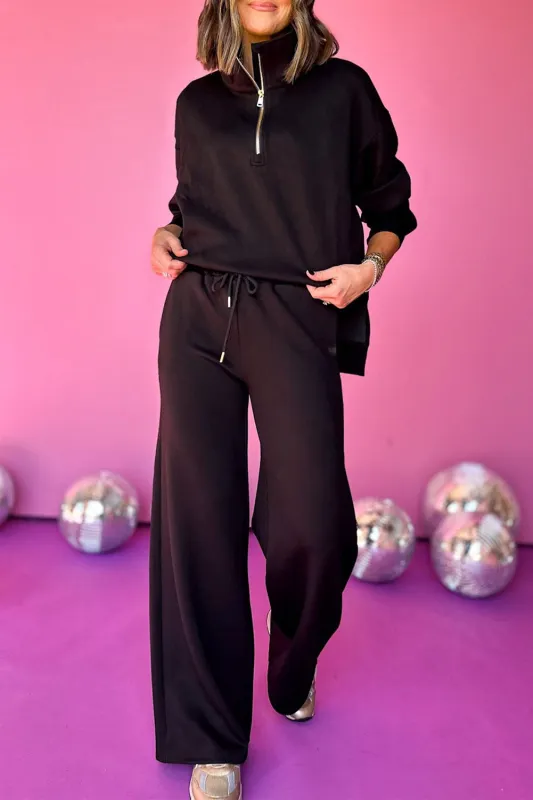 Black Zipper Stand Neck Top and Wide Leg Pants Set sold by Beagle Boutique