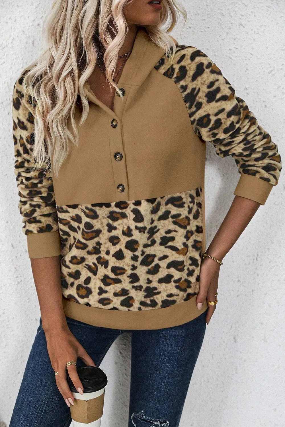 Light French Beige Leopard Print Patchwork Raglan Sleeve Half Buttons Hoodie sold by Beagle Boutique product image thumbnail 5