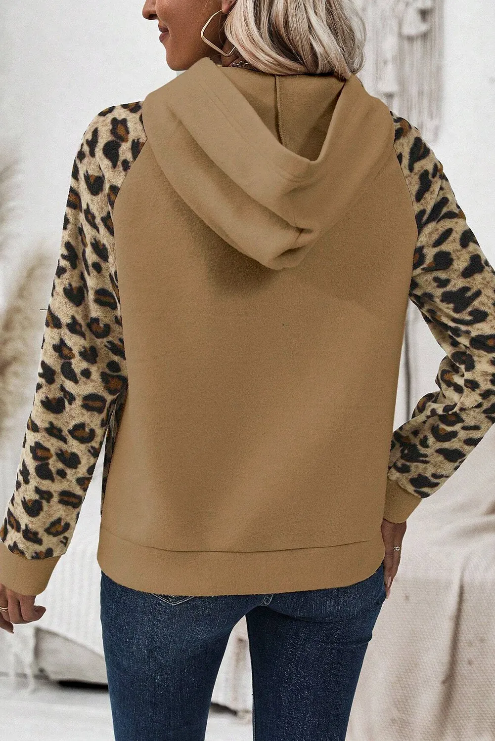 Light French Beige Leopard Print Patchwork Raglan Sleeve Half Buttons Hoodie sold by Beagle Boutique product image thumbnail 2