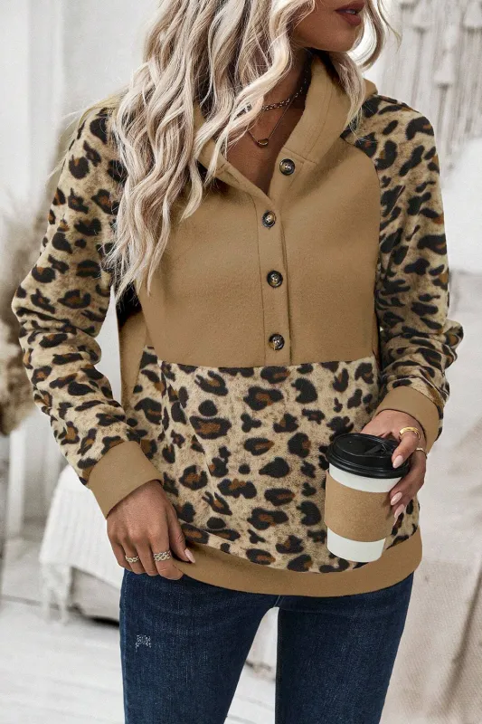 Light French Beige Leopard Print Patchwork Raglan Sleeve Half Buttons Hoodie sold by Beagle Boutique