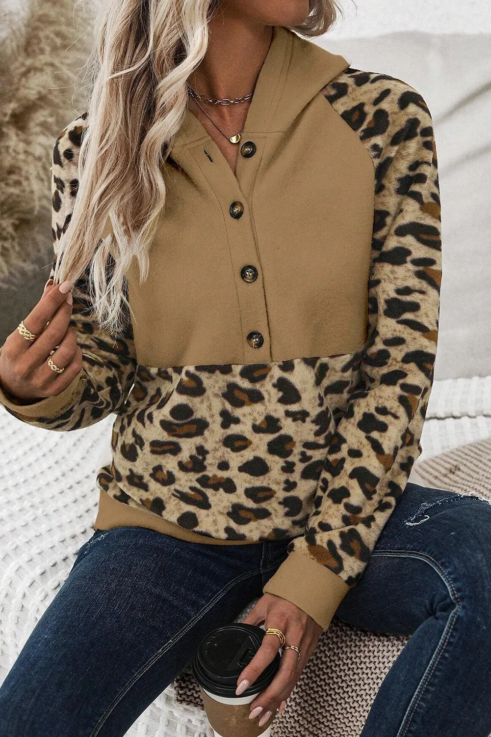 Light French Beige Leopard Print Patchwork Raglan Sleeve Half Buttons Hoodie sold by Beagle Boutique product image thumbnail 3