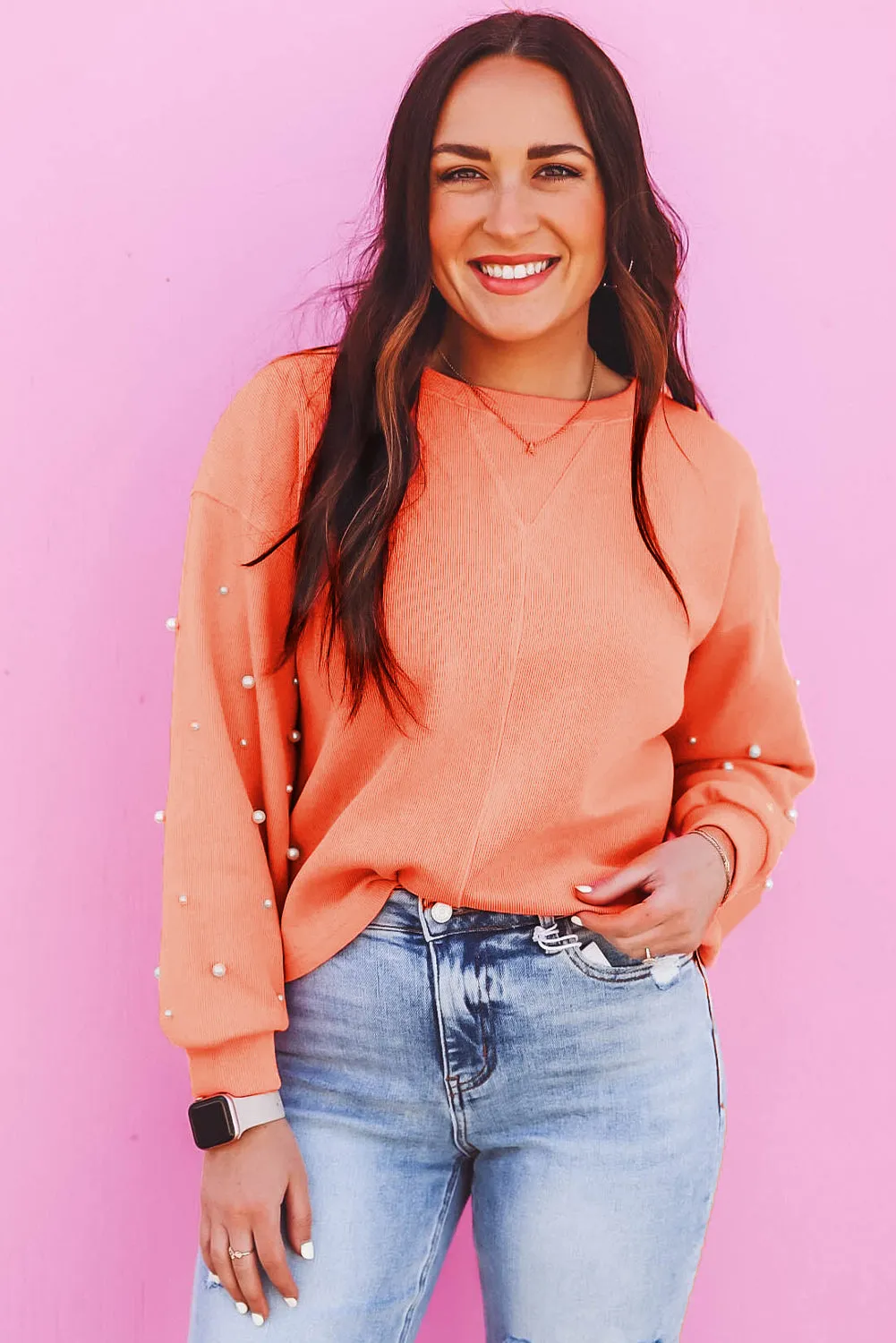 Blossom Pearled Sleeves Drop Shoulder Round Neck Pullover Sweatshirt sold by Beagle Boutique product image thumbnail 4