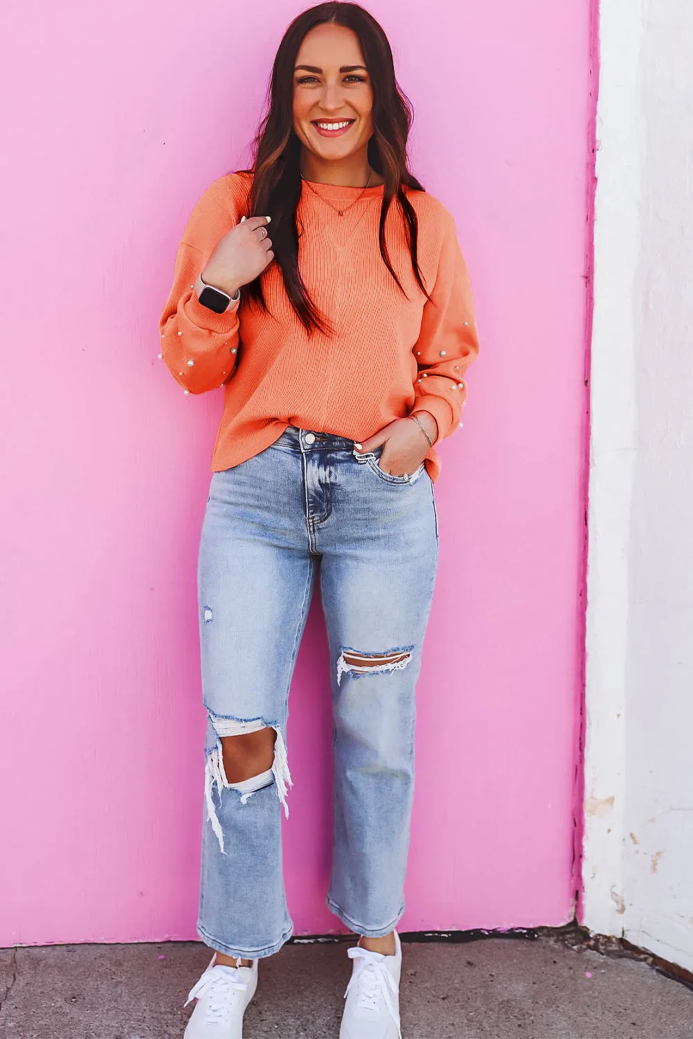 Blossom Pearled Sleeves Drop Shoulder Round Neck Pullover Sweatshirt sold by Beagle Boutique product image thumbnail 5