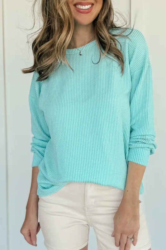 Aruba Blue Solid Colour Corduroy Knit Round Neck Top sold by Beagle Boutique