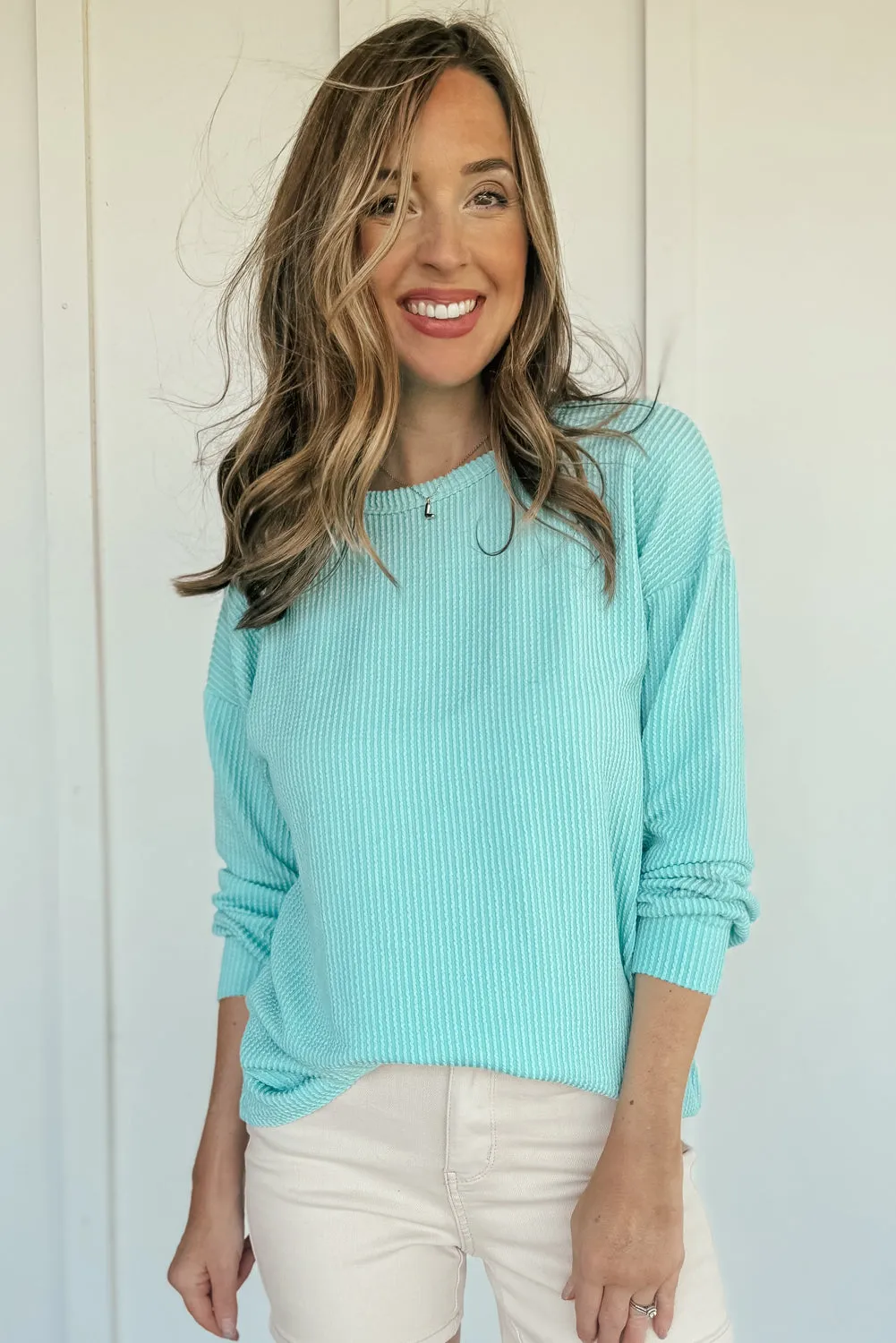 Aruba Blue Solid Colour Corduroy Knit Round Neck Top sold by Beagle Boutique product image thumbnail 3