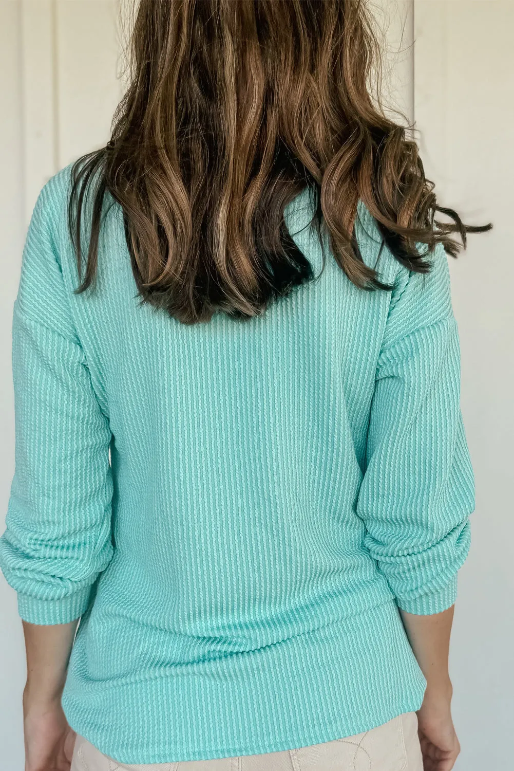 Aruba Blue Solid Colour Corduroy Knit Round Neck Top sold by Beagle Boutique product image thumbnail 2