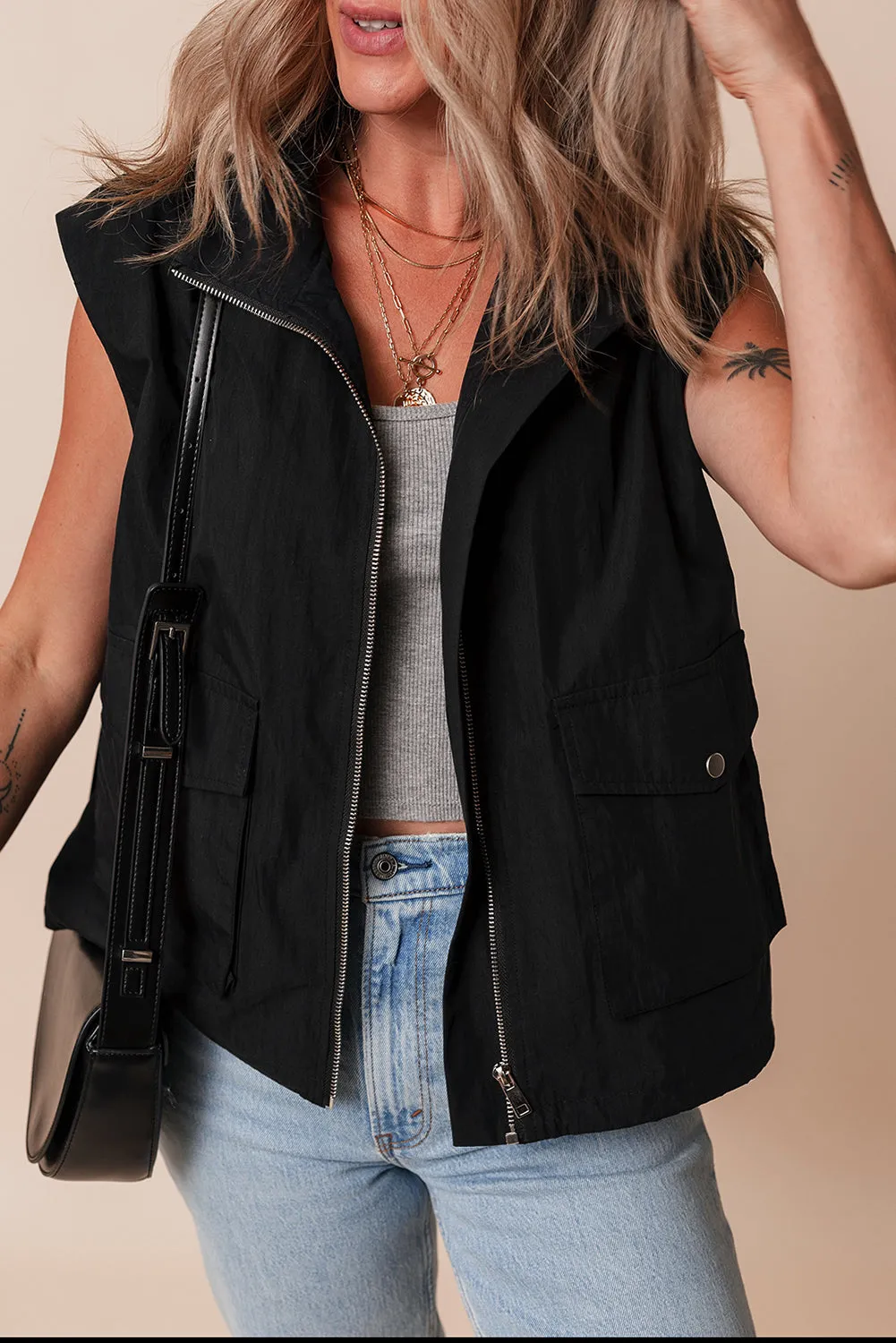 Black Flap Pockets Zip Up High Neck Gilet sold by Beagle Boutique product image thumbnail 5