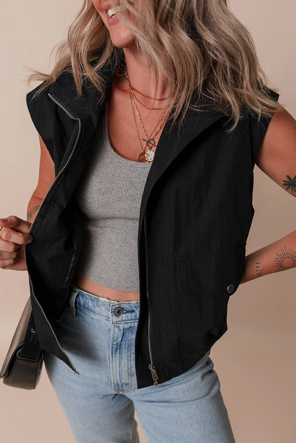 Black Flap Pockets Zip Up High Neck Gilet sold by Beagle Boutique product image thumbnail 4